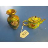 A cloisonné miniature teapot and a vase