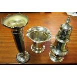 A silver spill vase, vase and silver sifter