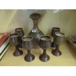 IDEN pottery decanter and six goblets.