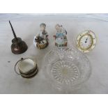 A pair of match strikers (both a/f), glass bowl, treen salt, clock and Singer funnel