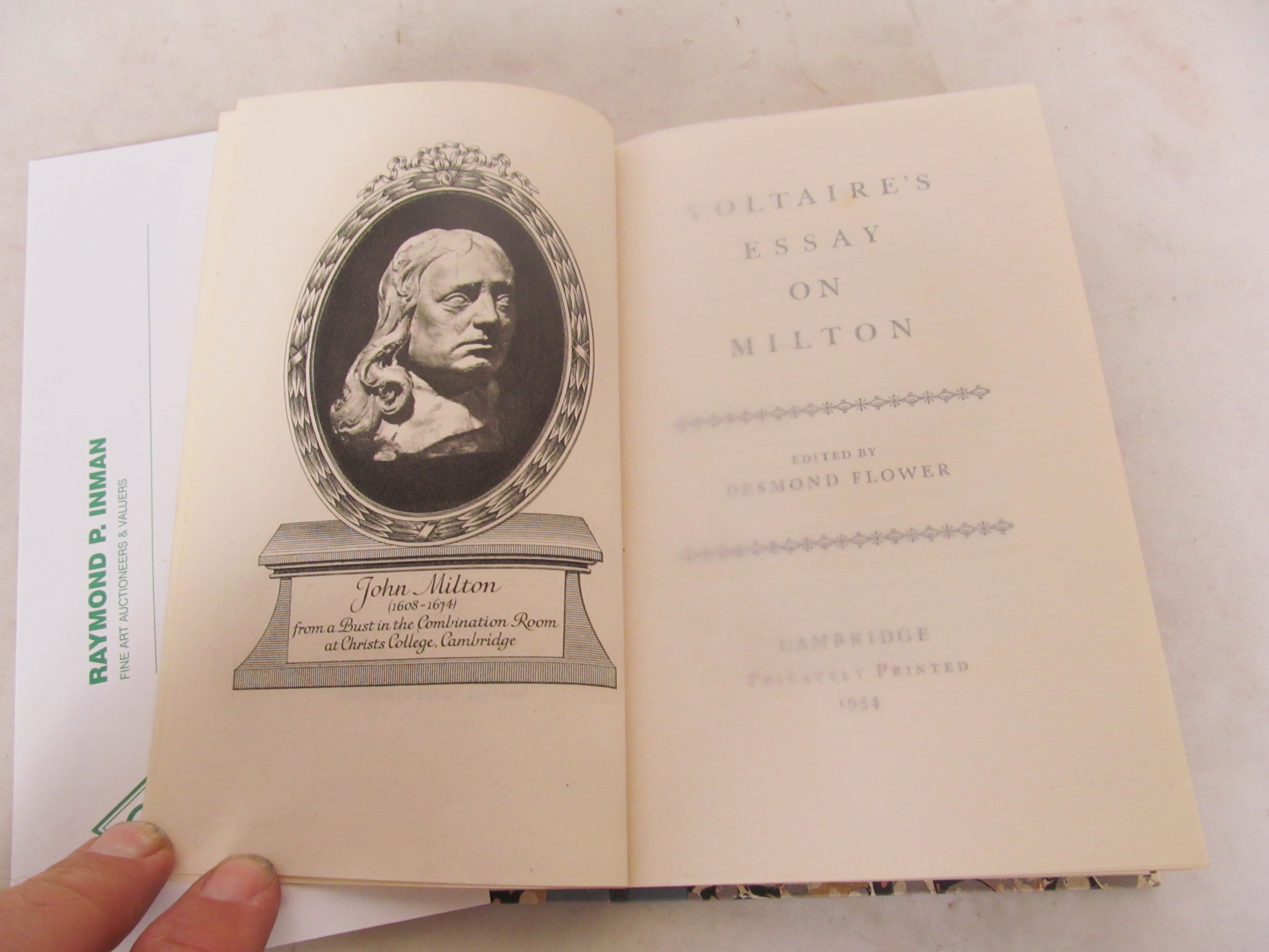 Voltaires Essay on Milton edited by Desmond Flower privately printed 1954 Cambridge with marbled