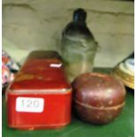 A lacquer box and treen pot with measures and flask