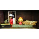 A Japanese doll, another doll, treen fish, Russian design box and egg and pair chopsticks