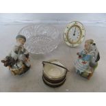 A pair of match strikers (both a/f), glass bowl, treen salt, clock and Singer funnel