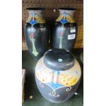 A pair of Crown Ducal 1930's black ground vases and a matching ginger jar