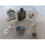 Three pottery tea poys, Carlton Ware bowl, Staffordshire sheep and other Staffordshire items