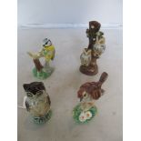 An owl spill vase, owl pepper, two birds and two cottages