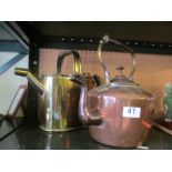 A copper kettle and brass can