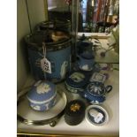 A Wedgwood Jasper Ware biscuit barrel and six other pieces.