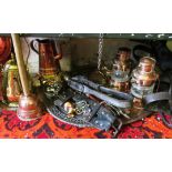 A collection of copper and brass including two trays