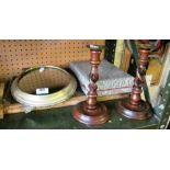A pair barleytwist candlesticks, crumb scoop, tile tray, stand, cutlery and mirrored stand