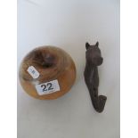 A treen apple and coat hook as horse head