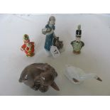 A Royal Copenhagen puppy, two Rosenthal items and a pair of Military figures.