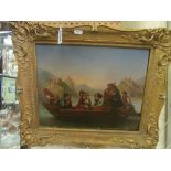 A 19th Century oil on copper noblemen and ladies in barge on lake with musicians in gilt frame