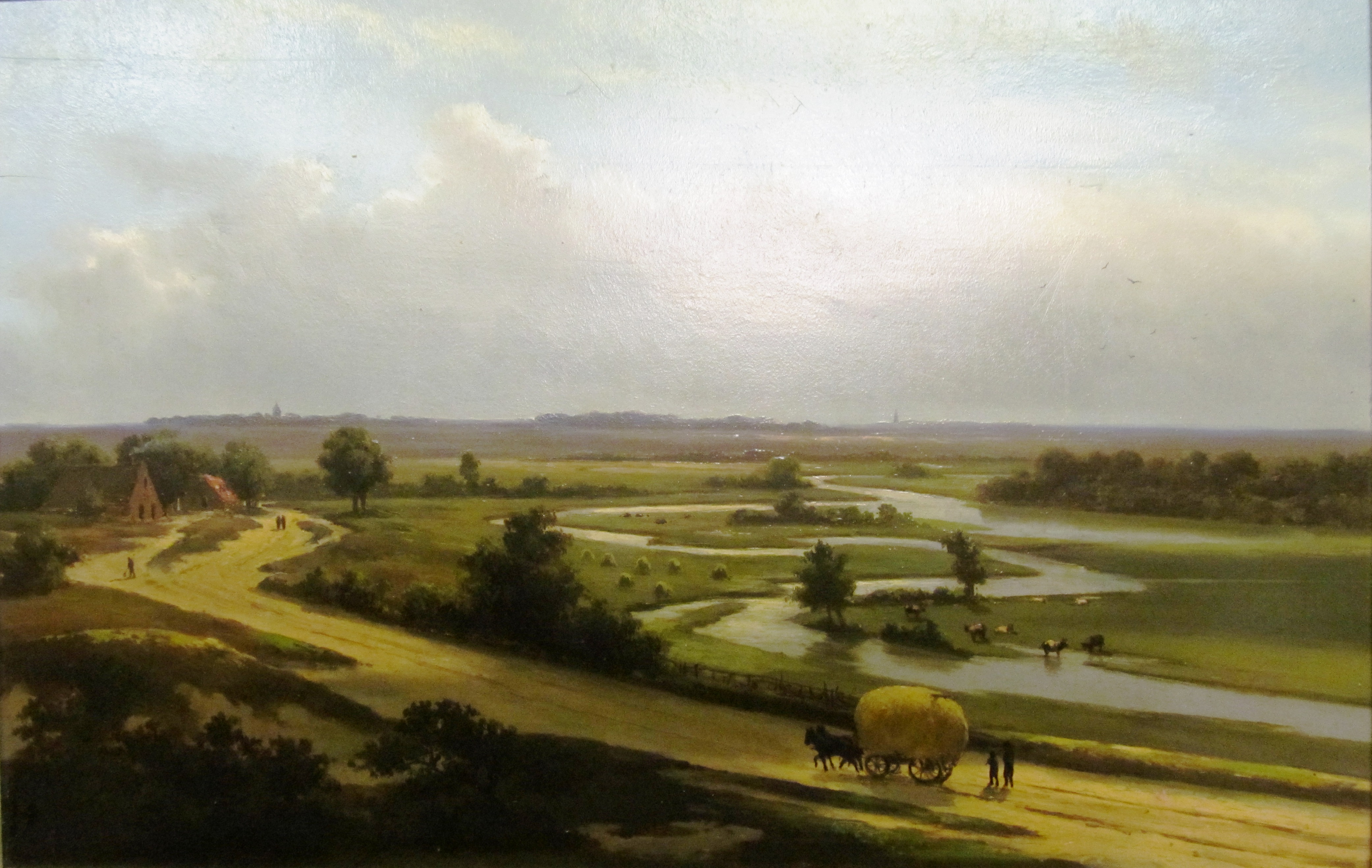 G.L. KLES - oil on board lowland with meandering river and hay cart