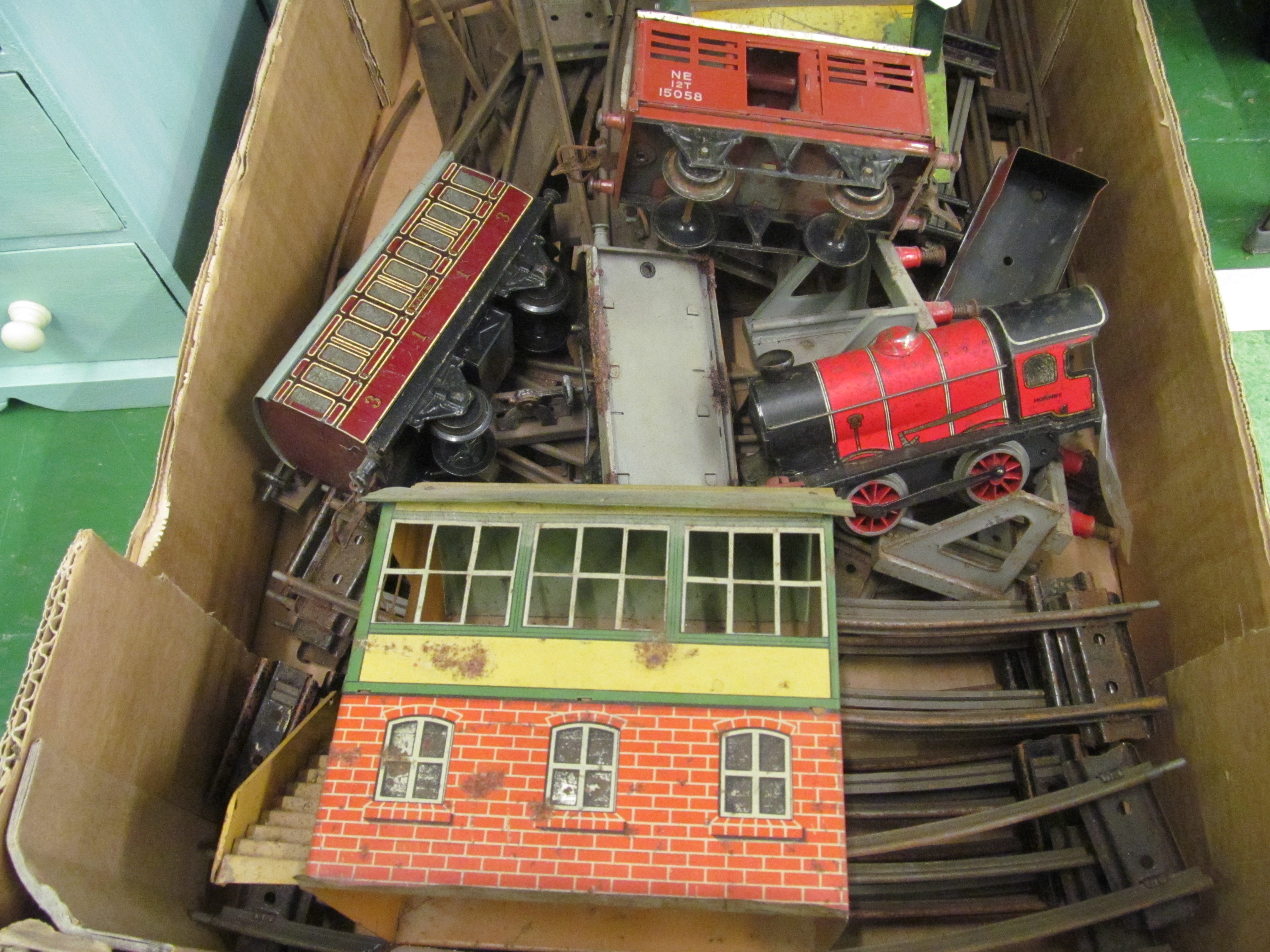 A quantity Hornby Gauge 0 tinplate trains including locomotive and tender, rolling stock, signal box - Image 2 of 2