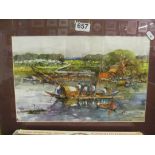 Two watercolours Motiur Rahman Bangladesh scenes