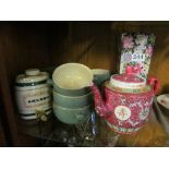 A Denby part soup set, a Wade sherry barrel, Oriental vase and teapot