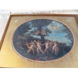 An oval coloured print cupids dancing around tree