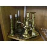 Three sets brass candlesticks, brass tray and mirror