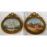 A pair of oval miniatures on ivory Taj Mahal in gilt ribbon frames