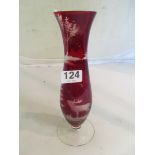 A Bohemian ruby flash glass vase engraved with a stag.