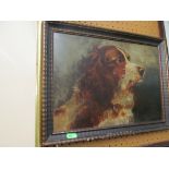 An oil of dog and oil portrait of a lady