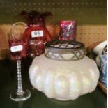 A cranberry glass jug, lustre vase, White Friars style vase and a liquer glass