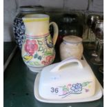 A Poole jug and butter dish, blue and white oriental ginger jar and two other pieces