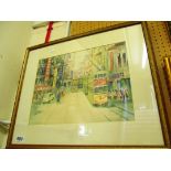 A watercolour Japanese street scene and a print waves