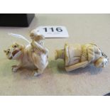 A netsuke of a man with stick and another man holding a kylin