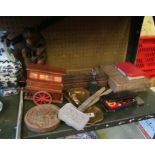 A carved bear, musical travelling organ, plaque, brass etc