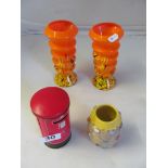 A pair of orange mottle glass vases, Italian ware and pillar box tin