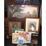 Oil on board of cottage scene, two framed photographic portraits and sundry assorted volumes,