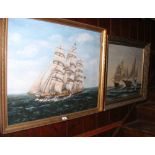 A T WILLIAMS - 60cm x 76cm - oil on canvas - three masted schooner under full sail, together with