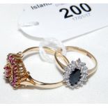 A 15ct gold ruby cluster ring and a 9ct gold sapphire and diamond ring