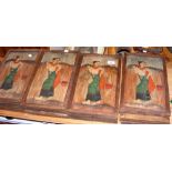 A set of twelve hand painted wooden plaques depicting dancing Indian woman