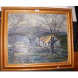 S FARRAR - 44cm x 55cm - oil on canvas - landscape scene with farmyard to the foreground - signed