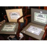 Four framed and glazed early share certificates
