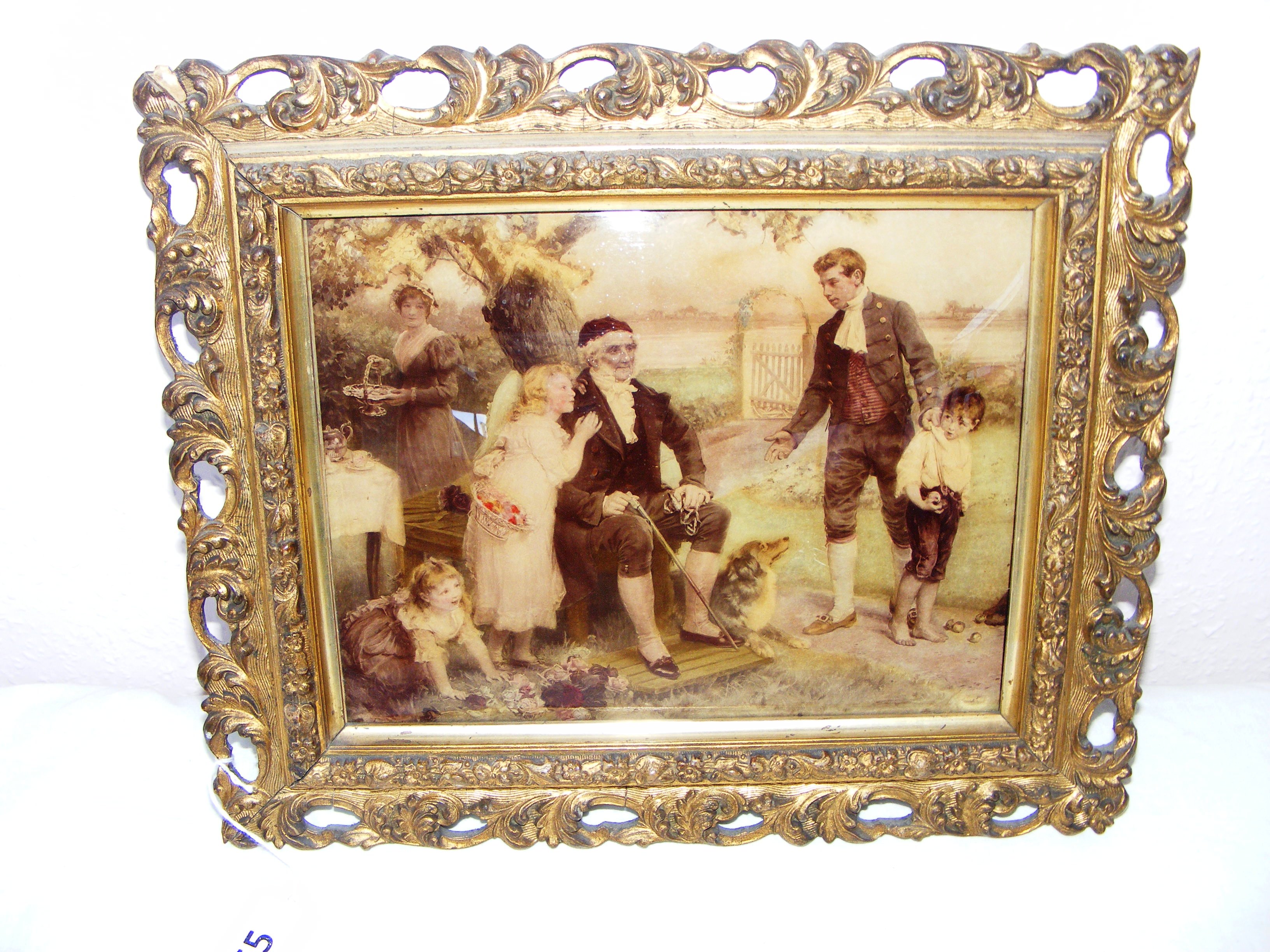 Louis Wolff & Co London, a gilt framed Edwardian crystoleum print, depicting a rural family scene,