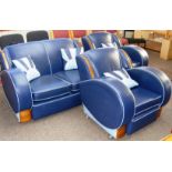 A 1930's Art Deco blue leather three piece suite (no estimate provided on this lot).