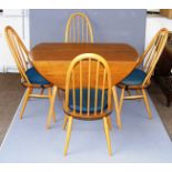 Ercol, a vintage blonde drop leaf dining table and four Quaker blonde dining chairs,
