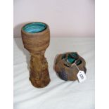 Clive Brooker studio pottery, two unusual sculptures, the vase 10" tall and rose bowl 4.5" tall.