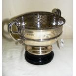 A sterling silver scroll twin handled rose bowl and a hardwood base (not attached),