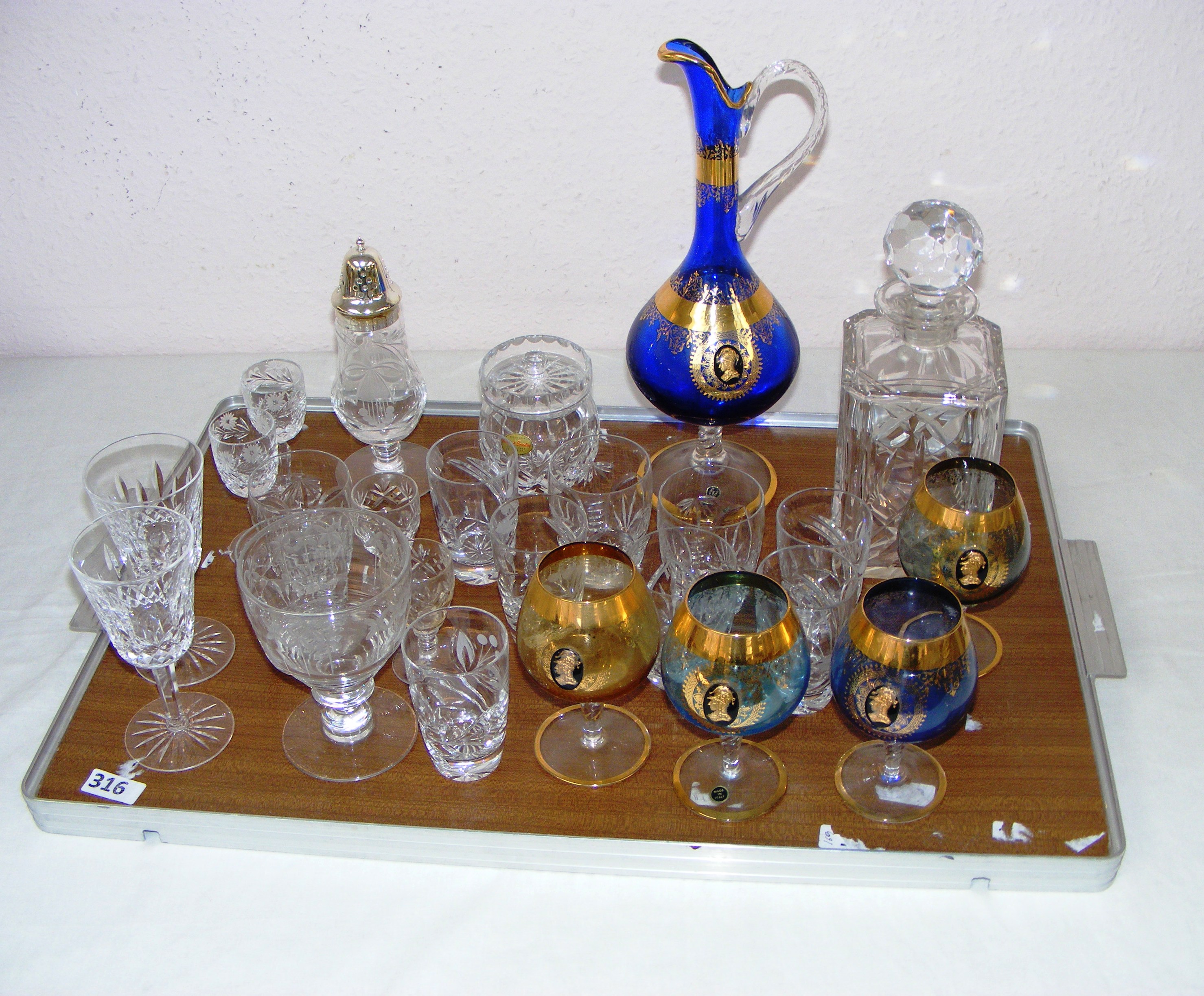 A selection of crystal and glassware including two Waterford Crystal glasses,