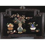 CHINESE HARDSTONE CLOISONNE & CARVED WOOD SCREEN