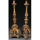 A PAIR OF CARVED GILT WOOD BAROQUE CANDLE STANDS