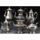 A GROUP OF SIX AMERICAN PEWTER COFFEE AND TEAPOTS