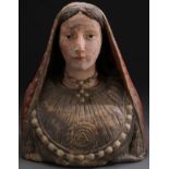 LIFE SIZE CARVED BUST OF A FEMALE SAINT, ITALIAN