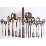 A FIFTEEN PIECE SET OF MIXED RUSSIAN SILVER